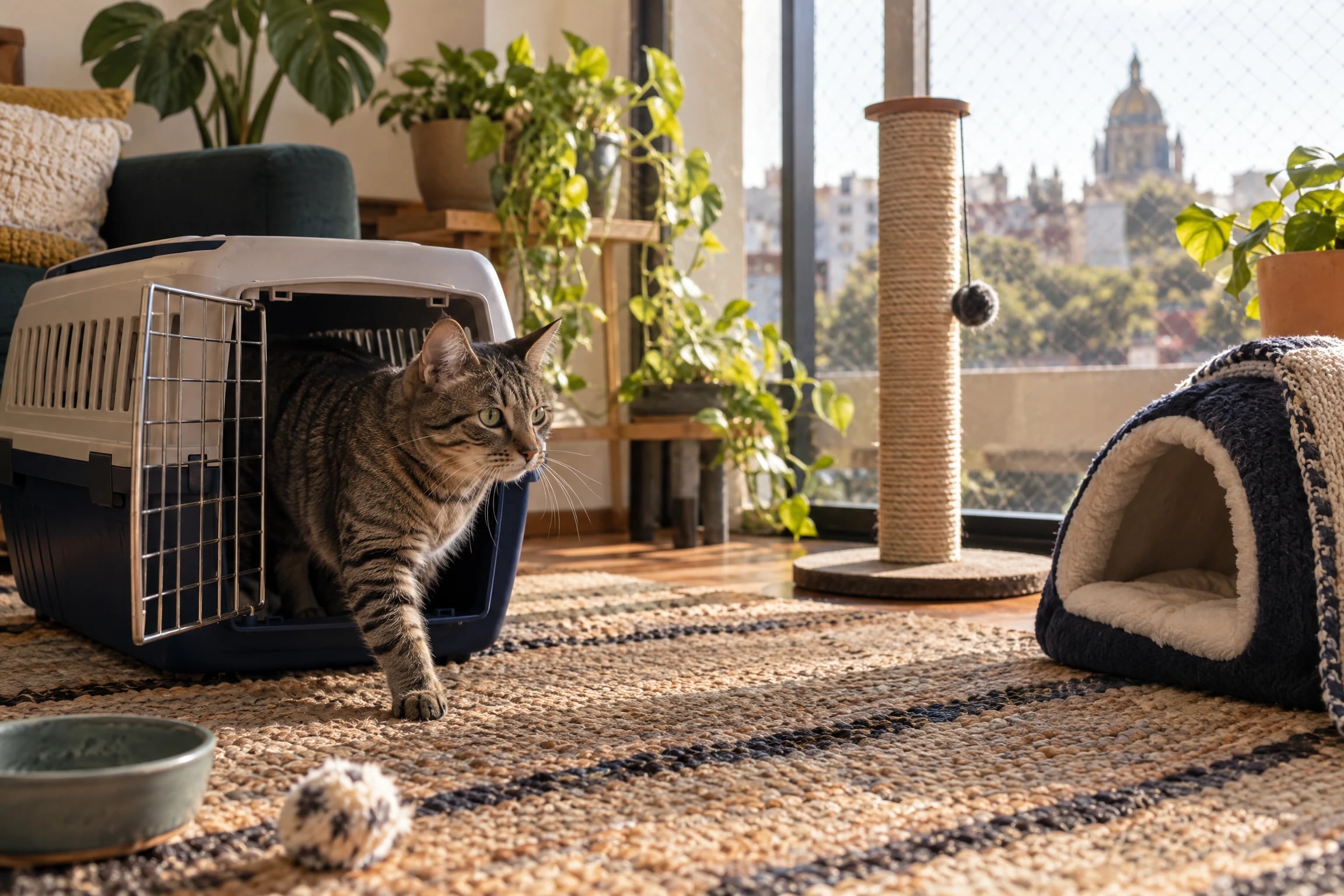 Un gato adulto atigrado sale con curiosidad de su transportadora abierta en una sala con plantas, un rascador y una ventana con malla