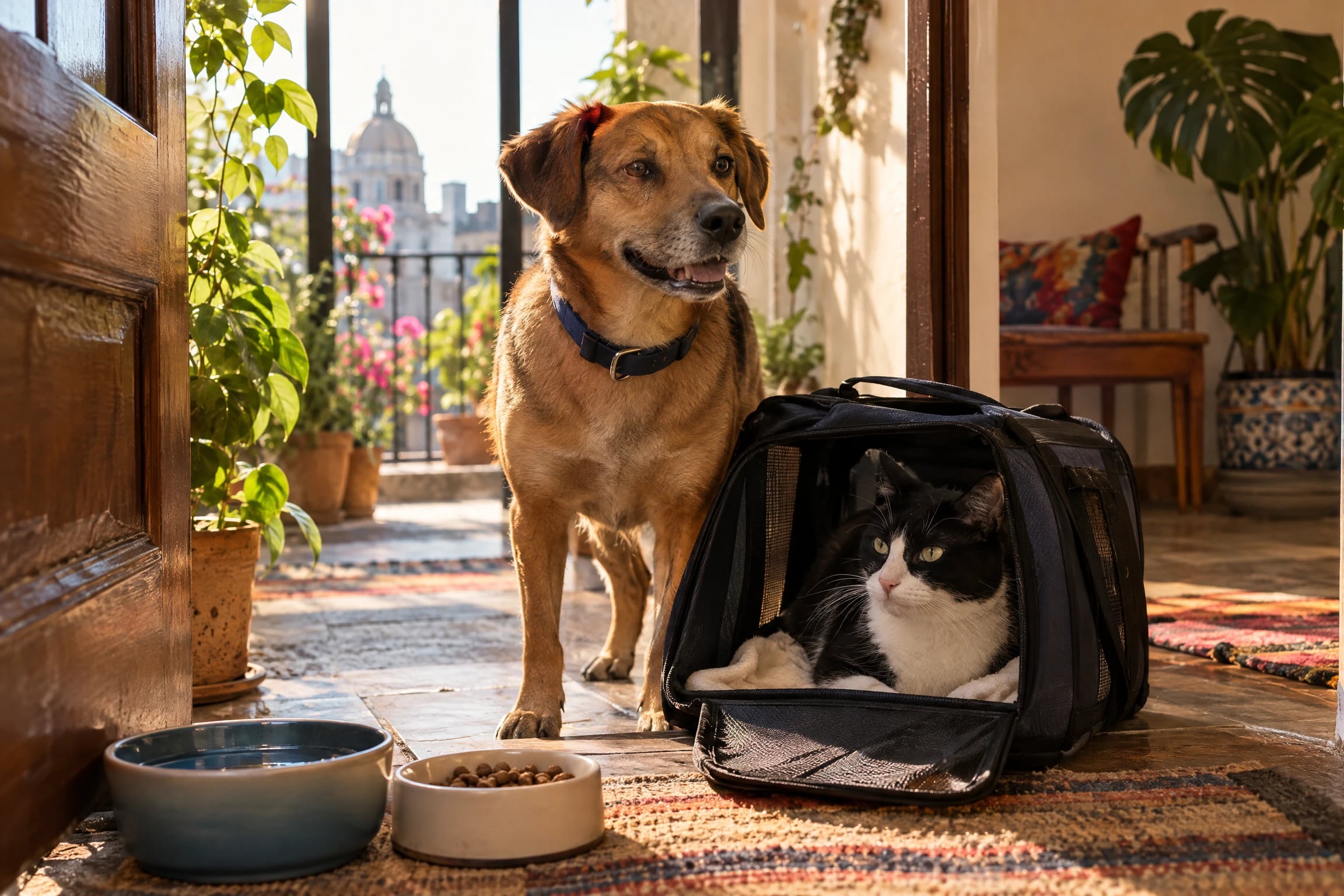 Un perro mestizo café con collar azul marino y una gata blanco y negro en su transportadora llegan a la entrada de un departamento con plantas y platos de agua y comida