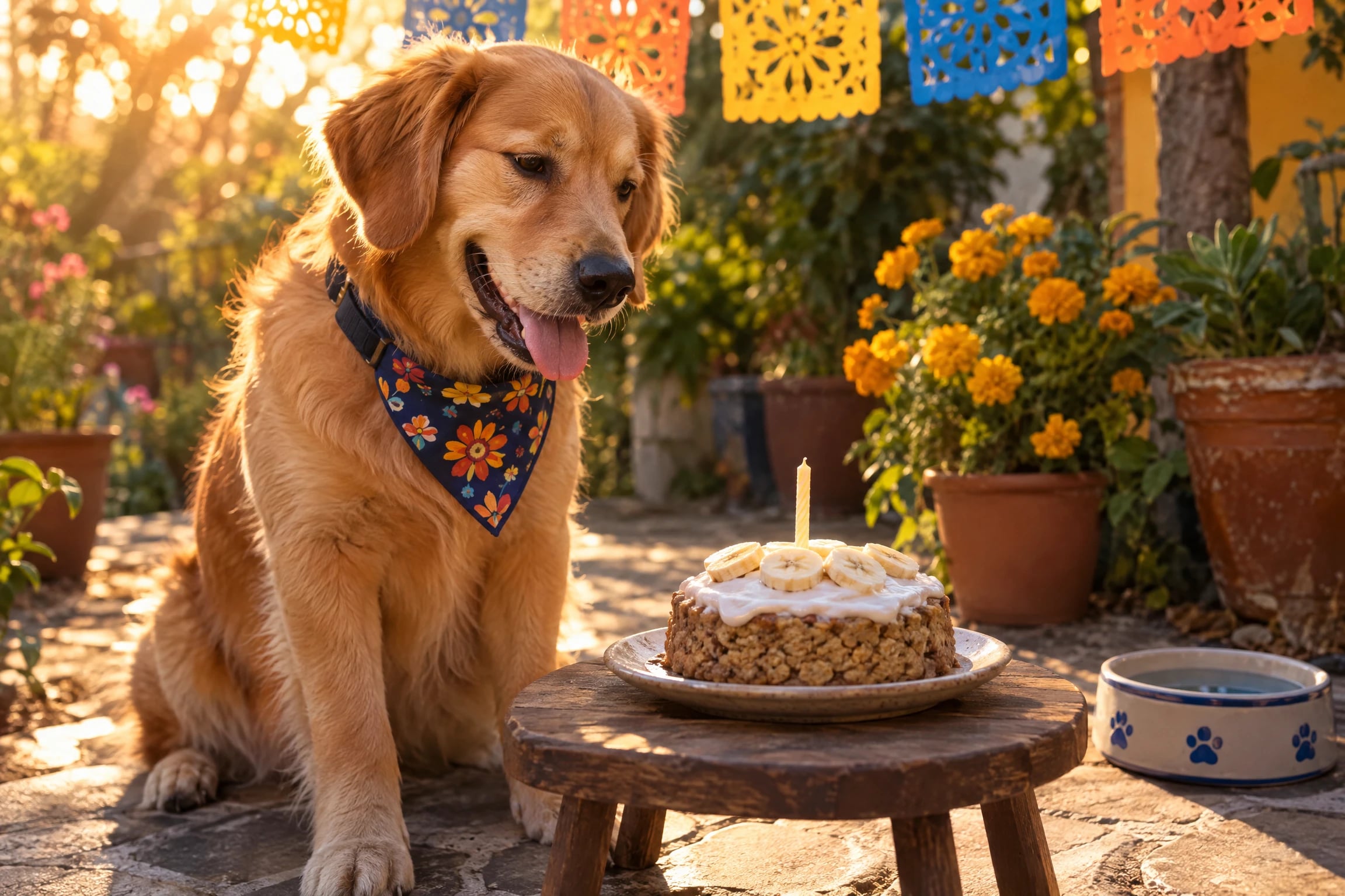 Un perro de pelo dorado con paliacate de flores mira un pequeño pastel de avena y plátano con una vela apagada en un patio decorado con papel picado y cempasúchil