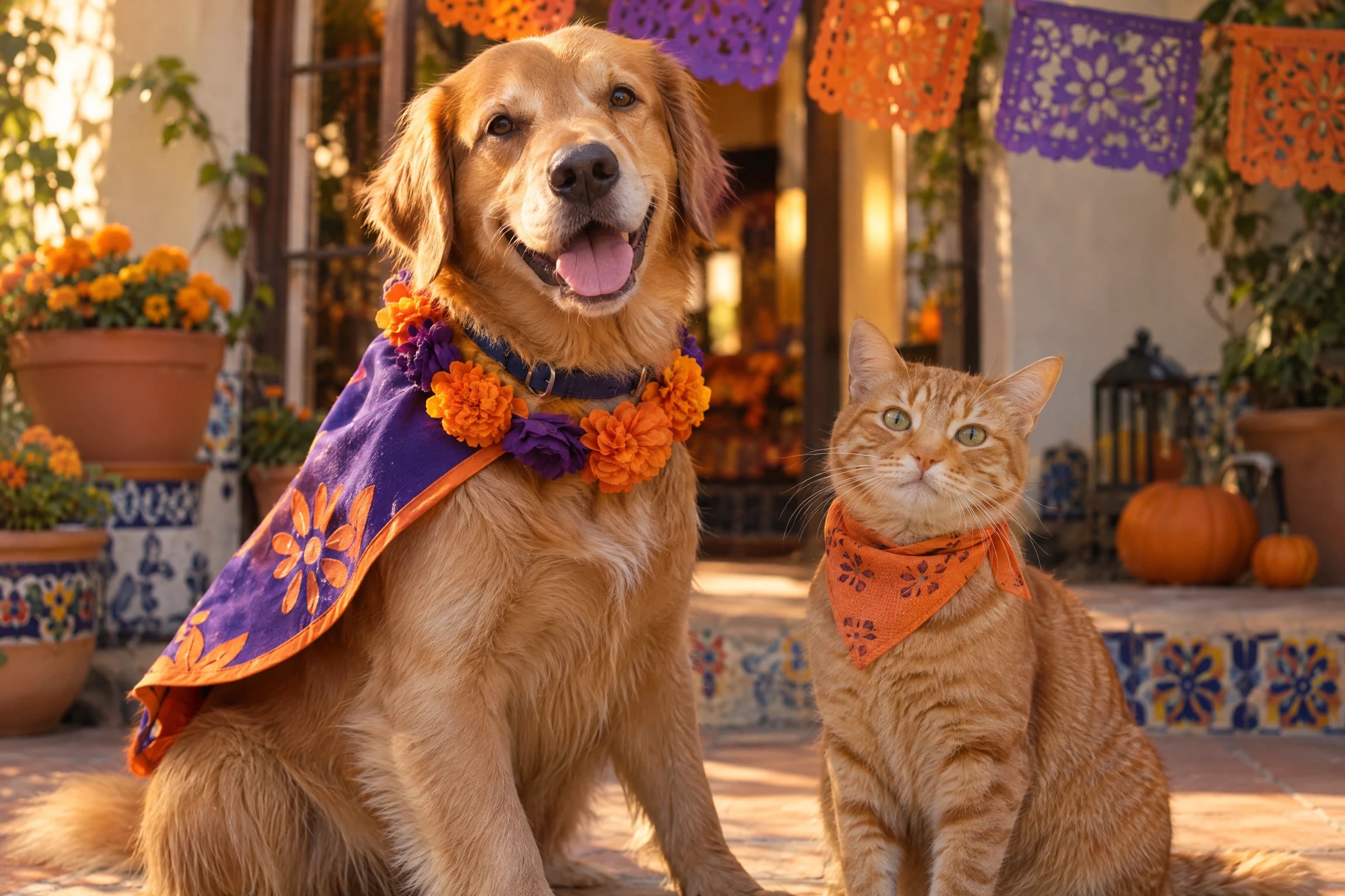 Una perra golden retriever con capa de tela naranja y morada y un collar de flores de tela, junto a un gato naranja con una bandana, entre adornos de papel picado