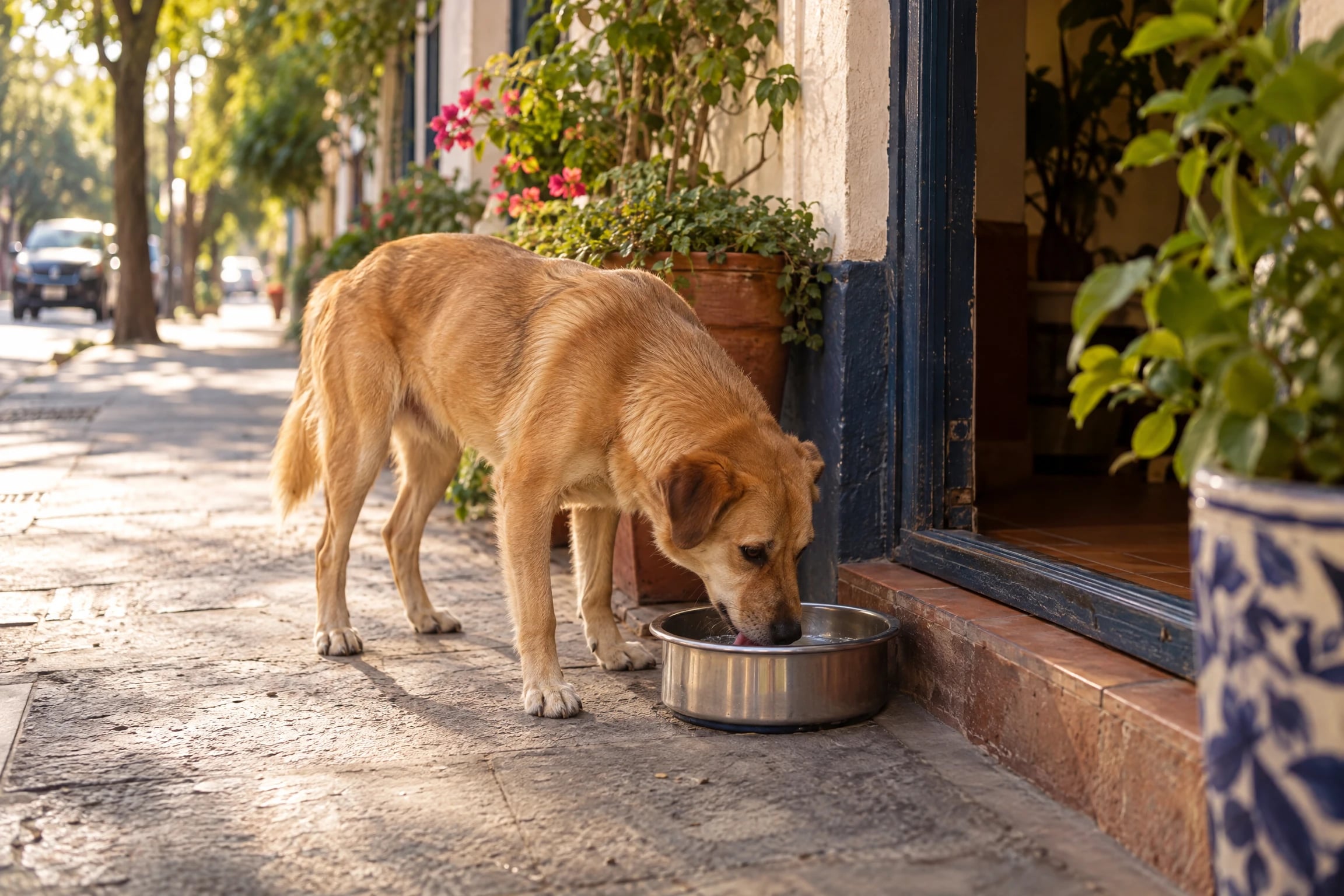 Un perro mestizo color miel sin collar bebe agua de un plato junto a la puerta de una casa en una calle tranquila de la ciudad
