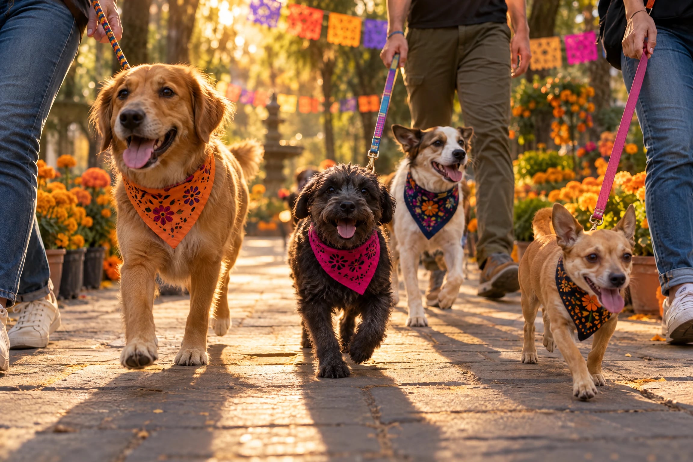 Varios perros con paliacates de colores caminan con correa junto a las personas que los pasean en un parque de la ciudad decorado con papel picado y cempasúchil