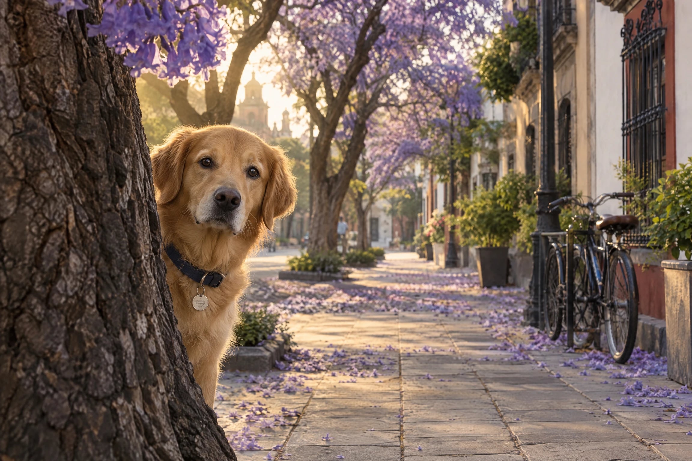 Una perra golden retriever con collar azul y placa de identificación se asoma detrás de una jacaranda en una calle tranquila al amanecer