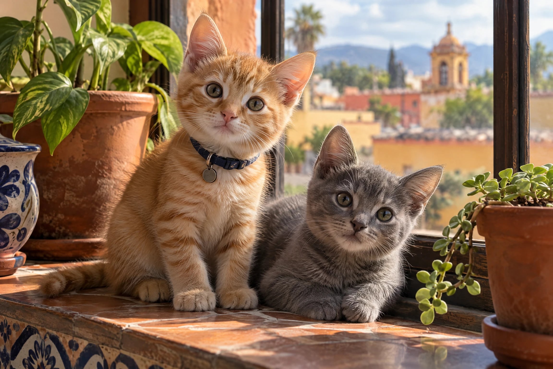 Un gatito naranja atigrado con collar azul marino y un gatito gris descansan en el borde soleado de una ventana con macetas de barro