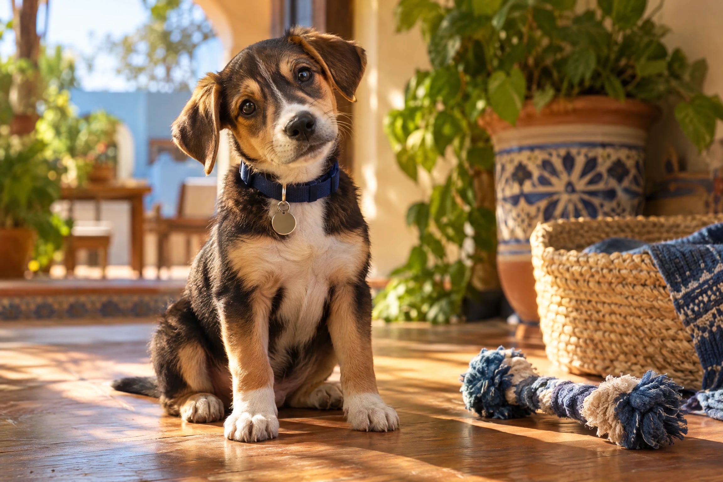 Un cachorro mestizo con collar azul marino nuevo y placa redonda inclina la cabeza, como si escuchara su nombre por primera vez