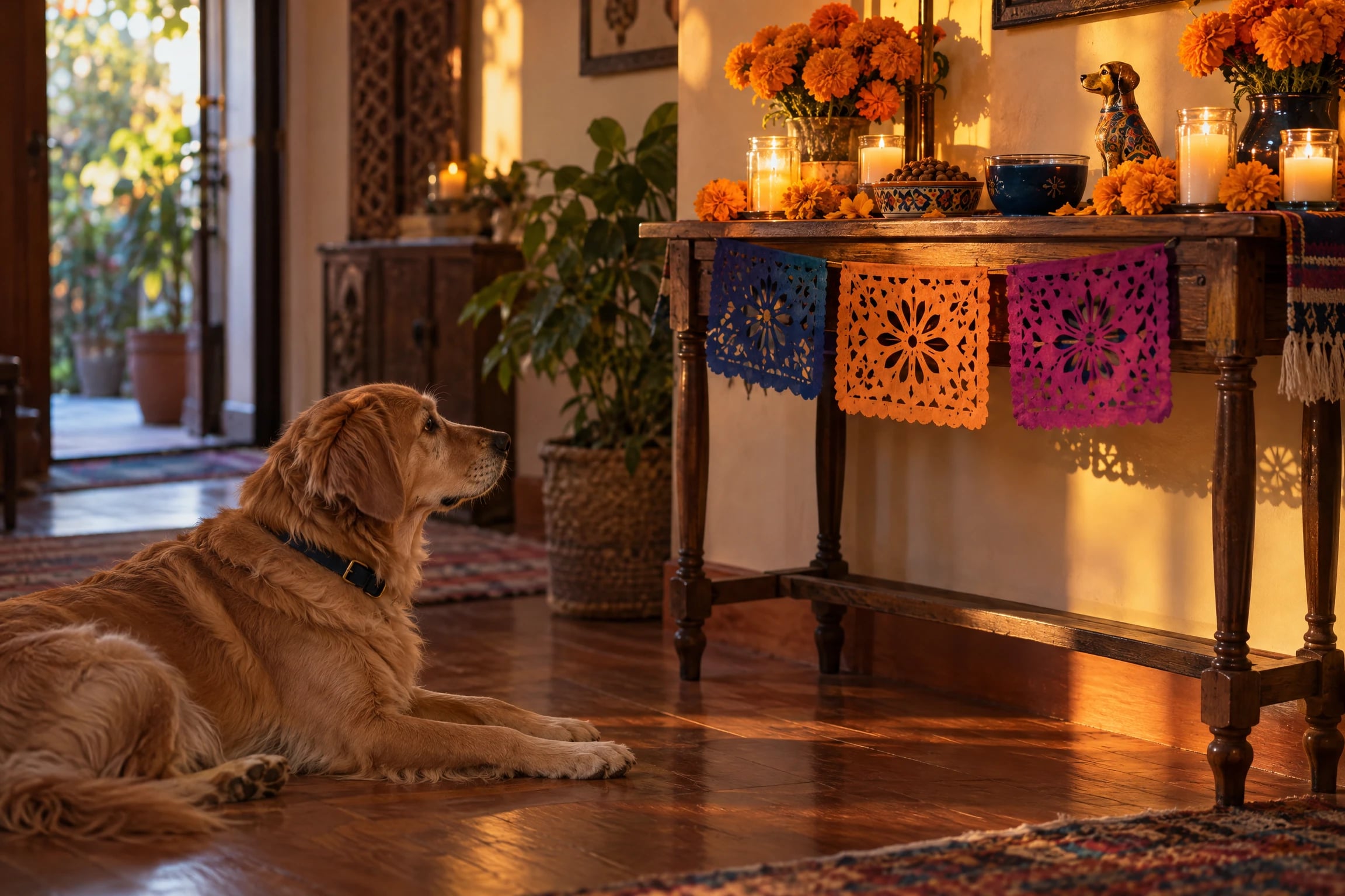 Luna, una perra golden retriever mestiza, descansa a distancia de un altar de ofrenda sobre una mesa alta, con cempasúchil, veladoras en vaso, papel picado y un plato con su comida