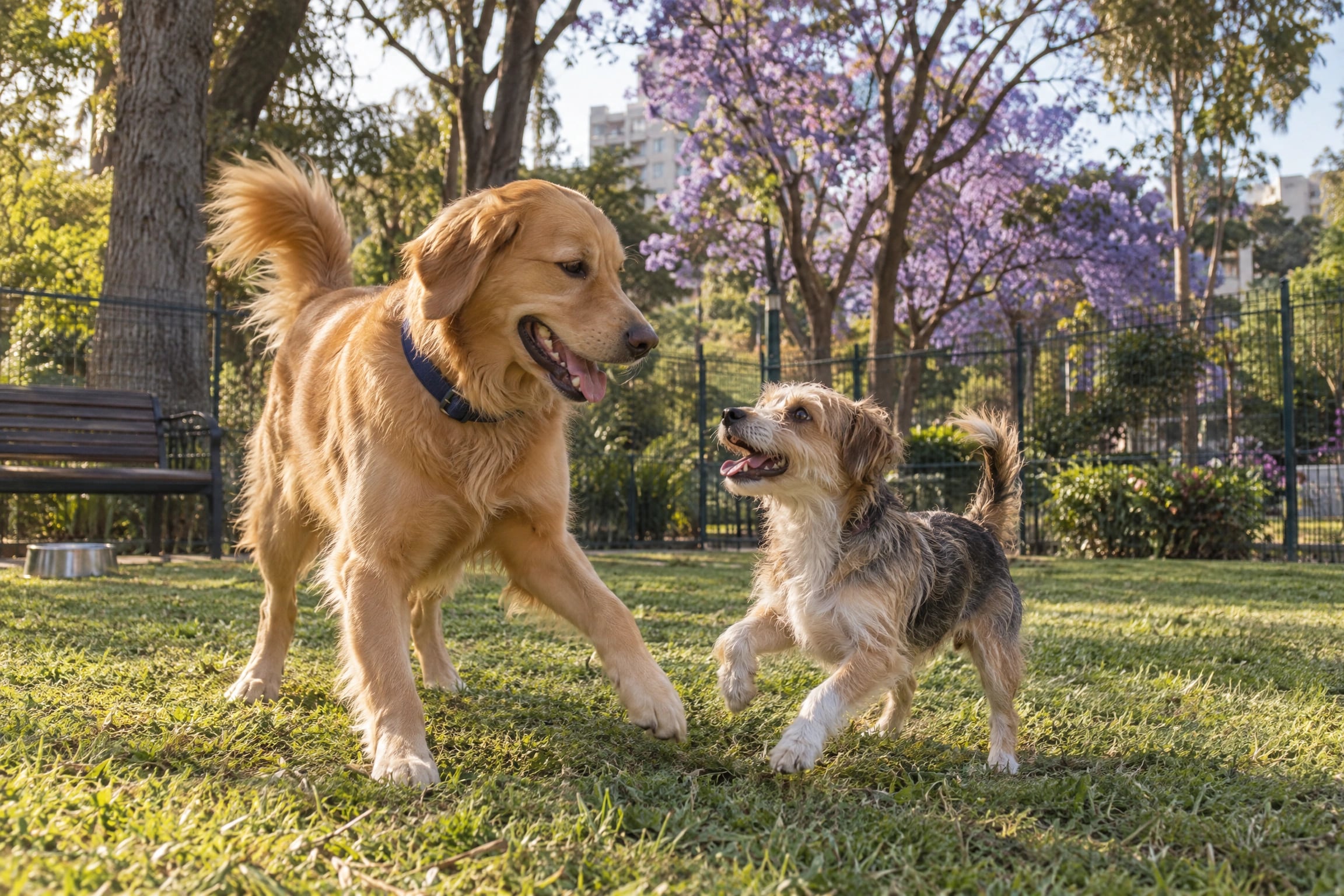 Dos perros juegan sin correa en una zona canina cercada de un parque arbolado con jacarandas en flor, al atardecer