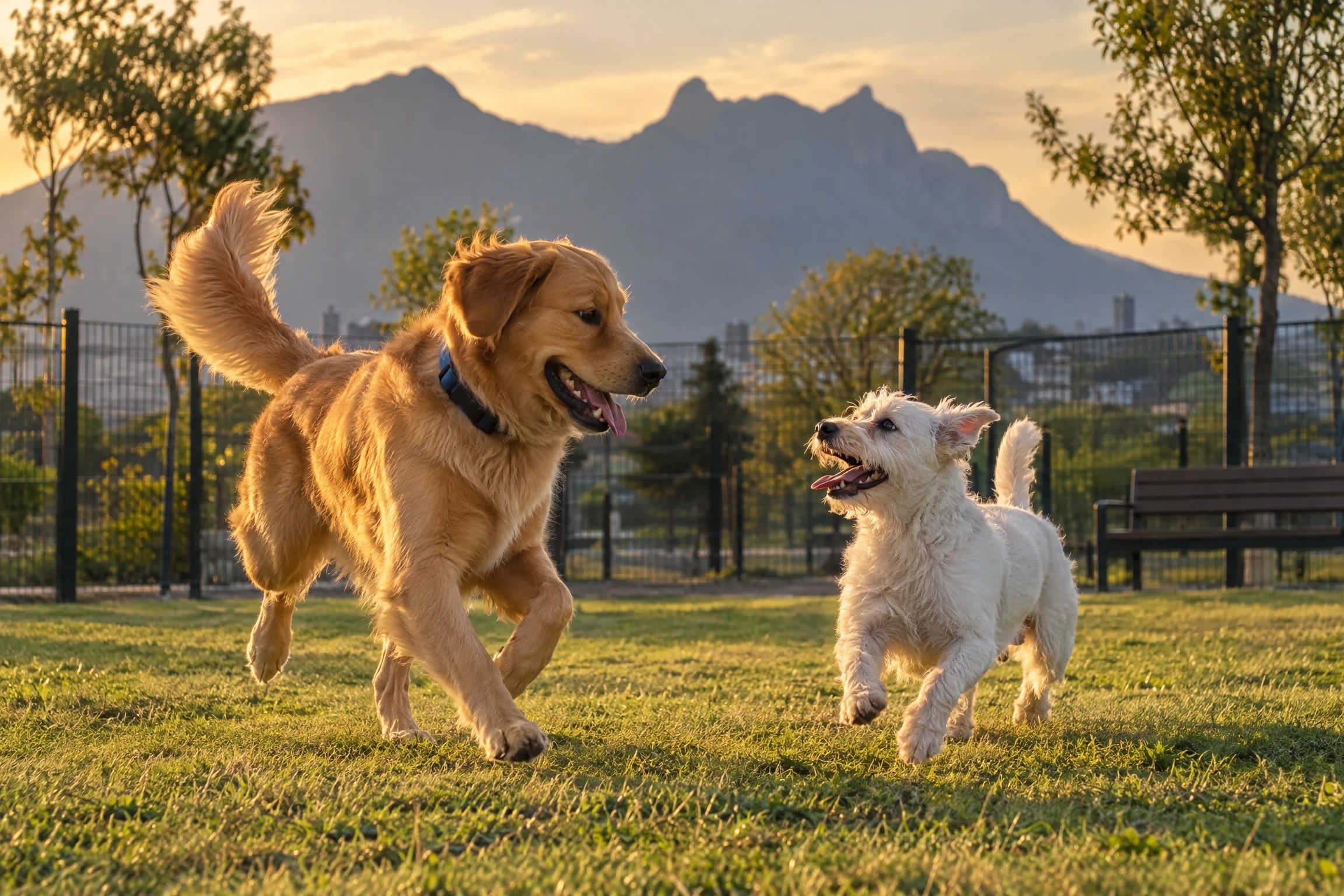 Un perro dorado con collar azul marino y un perro blanco pequeño juegan en una zona canina cercada, con montañas al fondo al atardecer