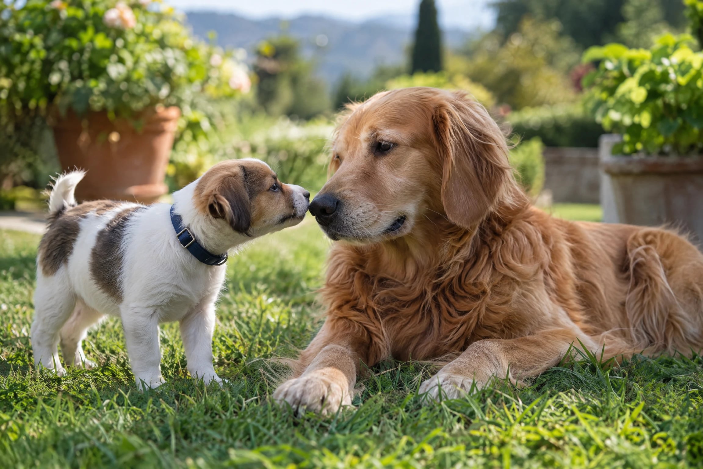 Un cachorro mestizo con collar azul marino olfatea con curiosidad a un perro adulto tranquilo sobre el pasto de un jardín
