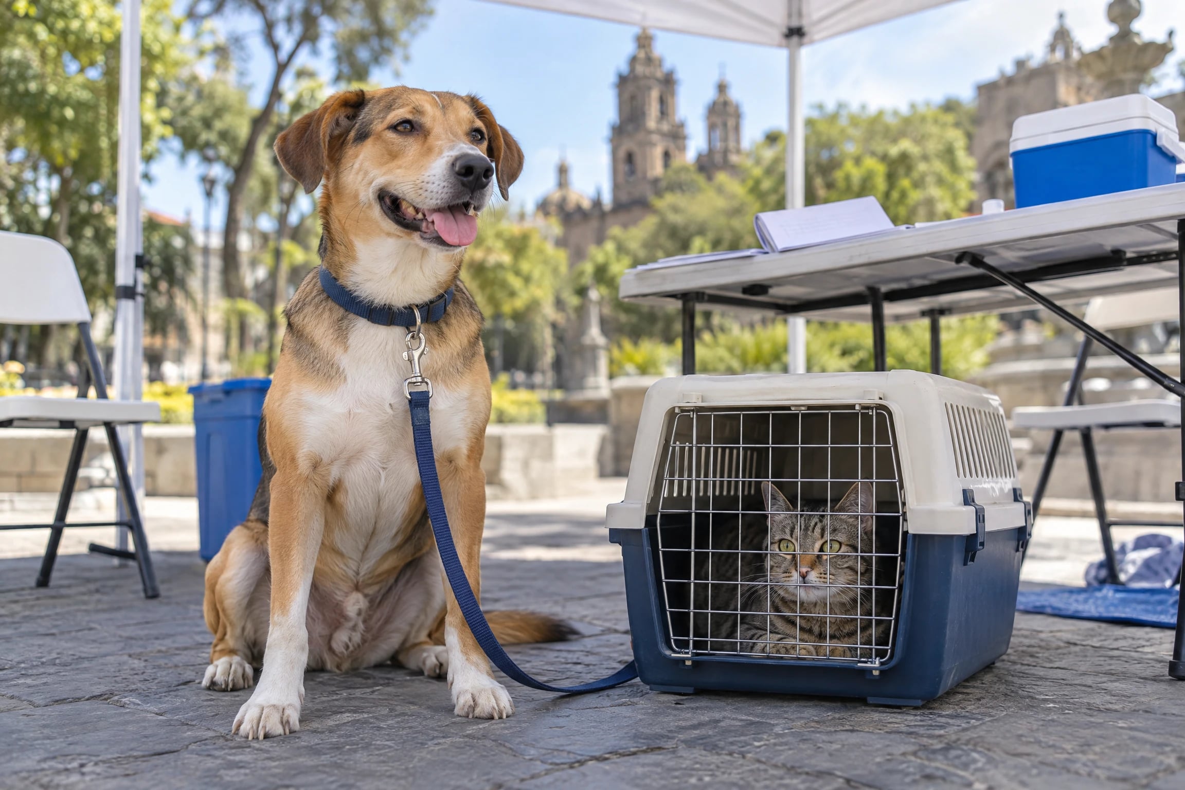 Un perro mestizo con collar azul marino espera tranquilo junto a una gata en su transportadora bajo un toldo de jornada de salud en una plaza de la ciudad
